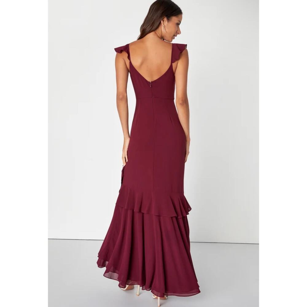 Lulus Charming Event Burgundy Asymmetrical Ruffled Maxi Dress L - Picture 2 of 4